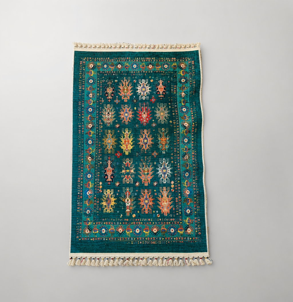 Tapis moderne turquoise aux motifs traditionnels d'orient