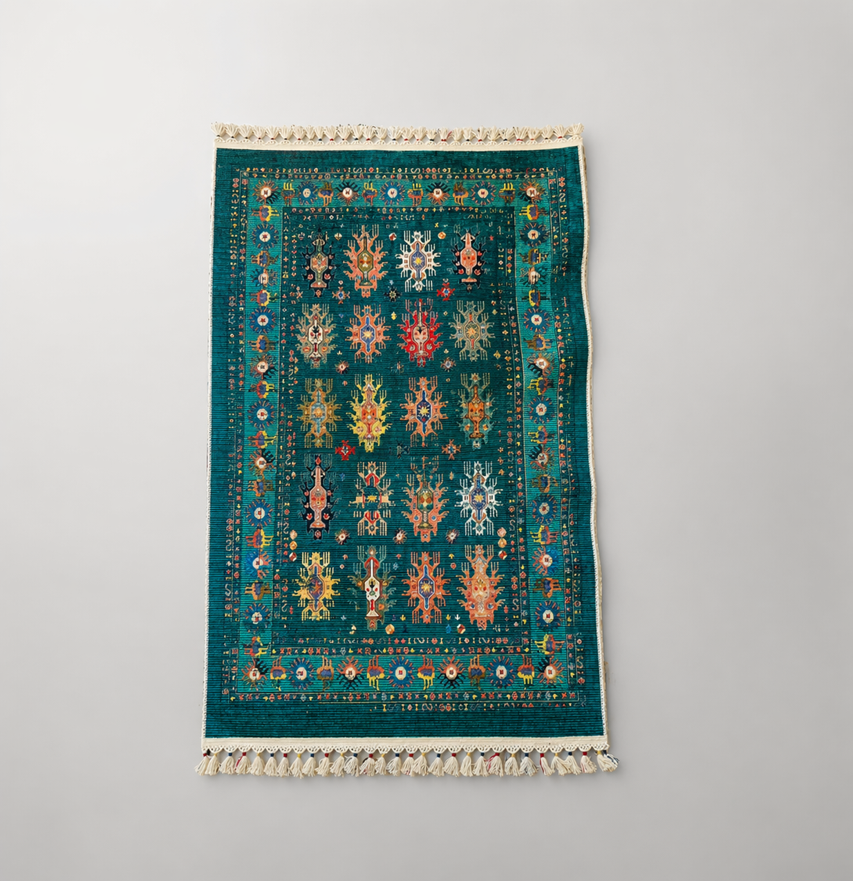 Tapis moderne turquoise aux motifs traditionnels d'orient