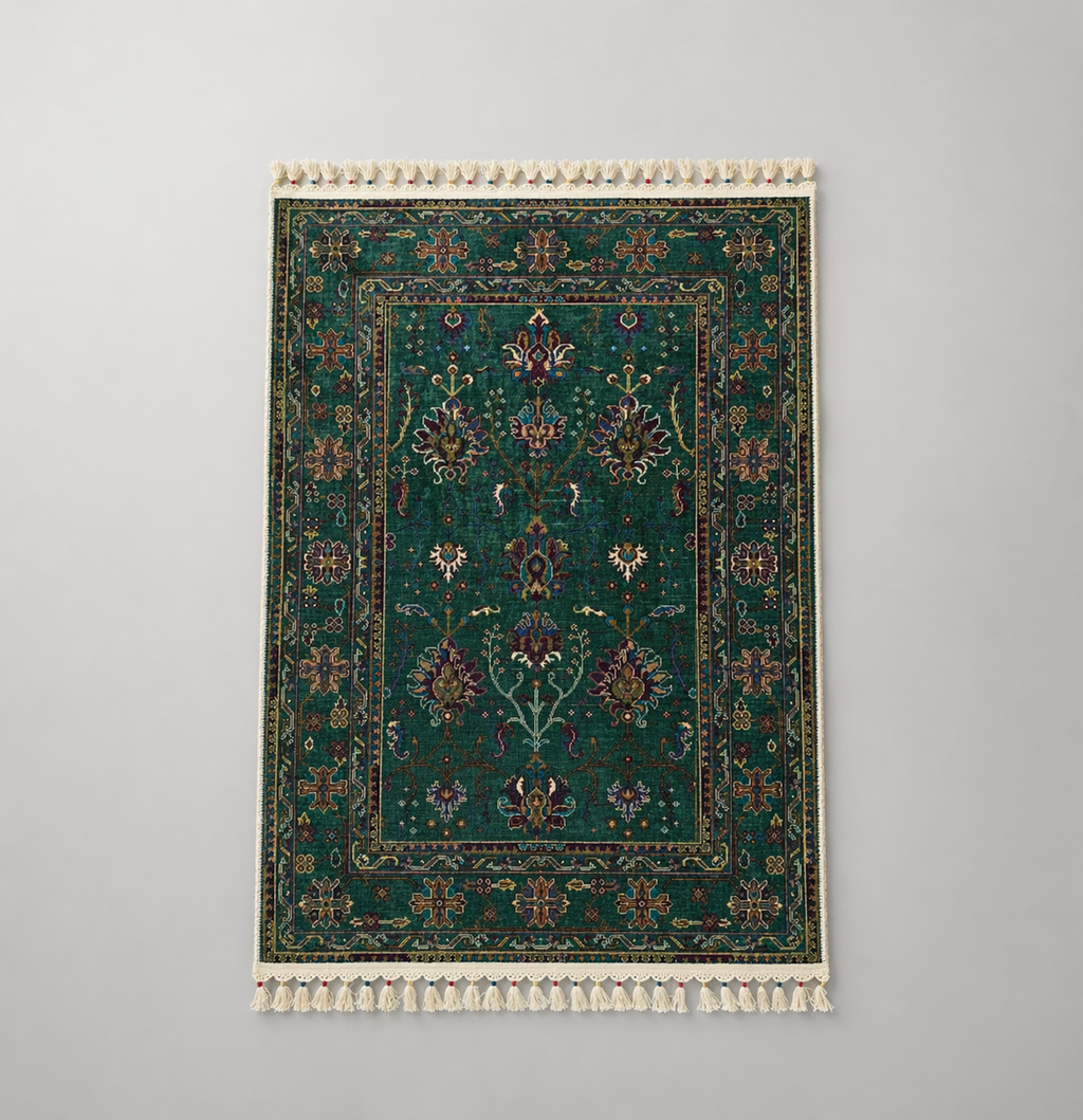 Tapis moderne vert foncé aux motifs traditionnels d'orient