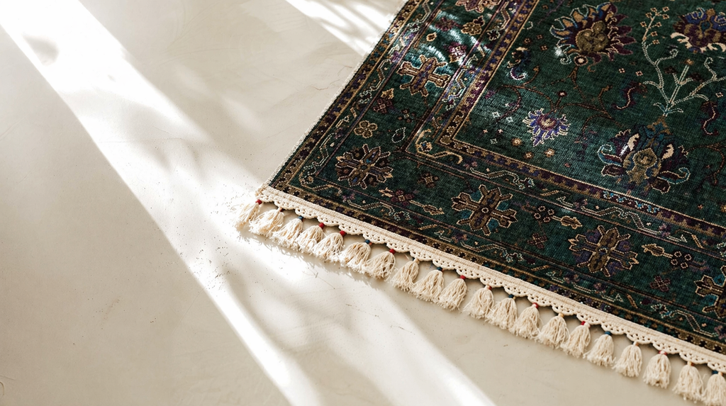 Tapis moderne vert foncé aux motifs traditionnels d'orient