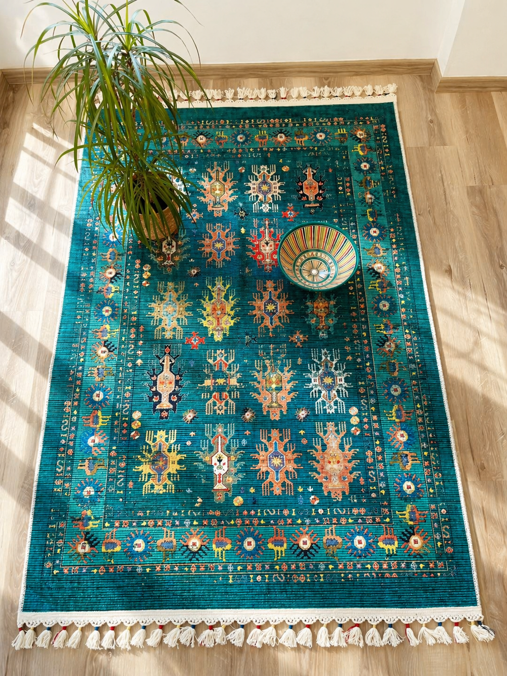 Tapis moderne turquoise aux motifs traditionnels d'orient