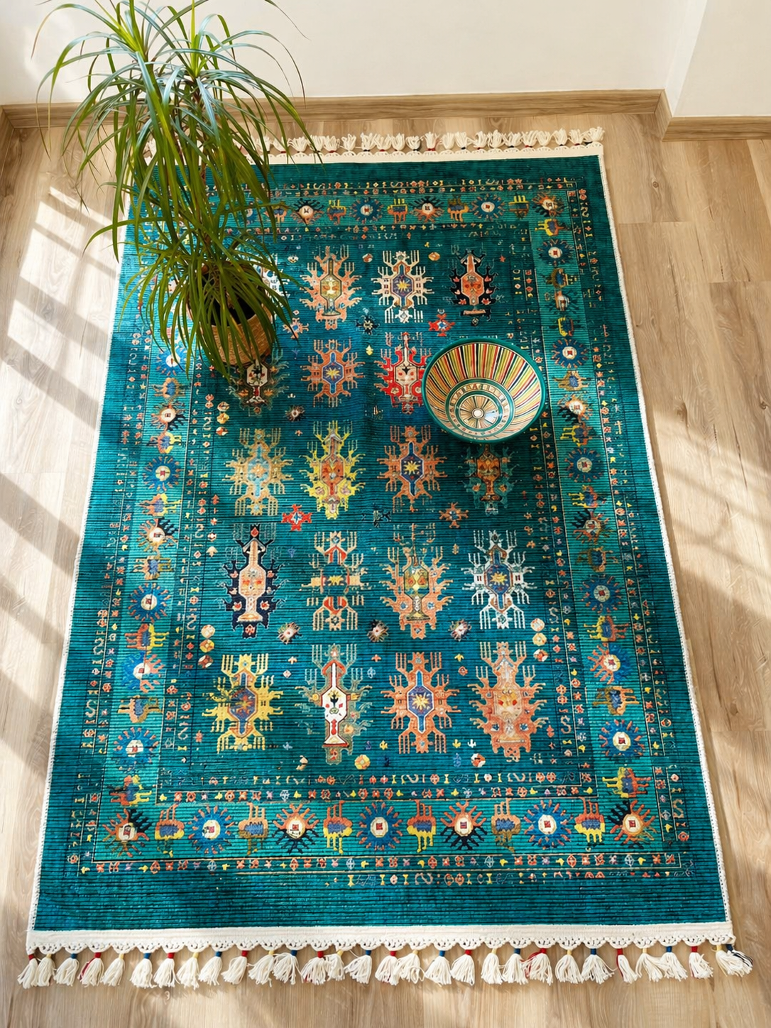 Tapis moderne turquoise aux motifs traditionnels d'orient