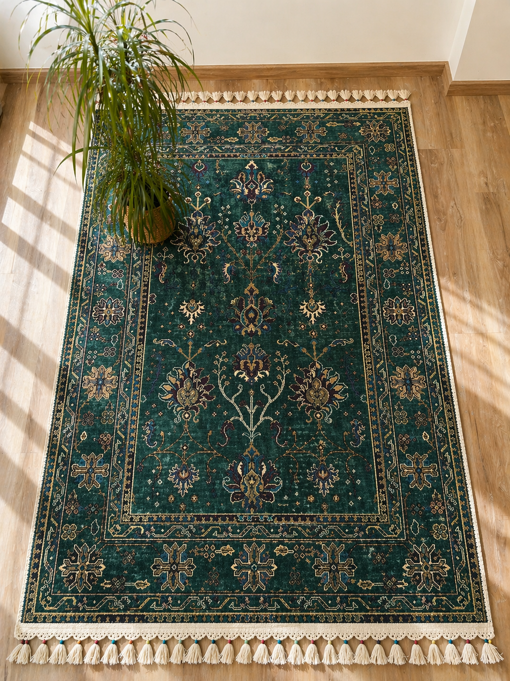 Tapis moderne vert foncé aux motifs traditionnels d'orient