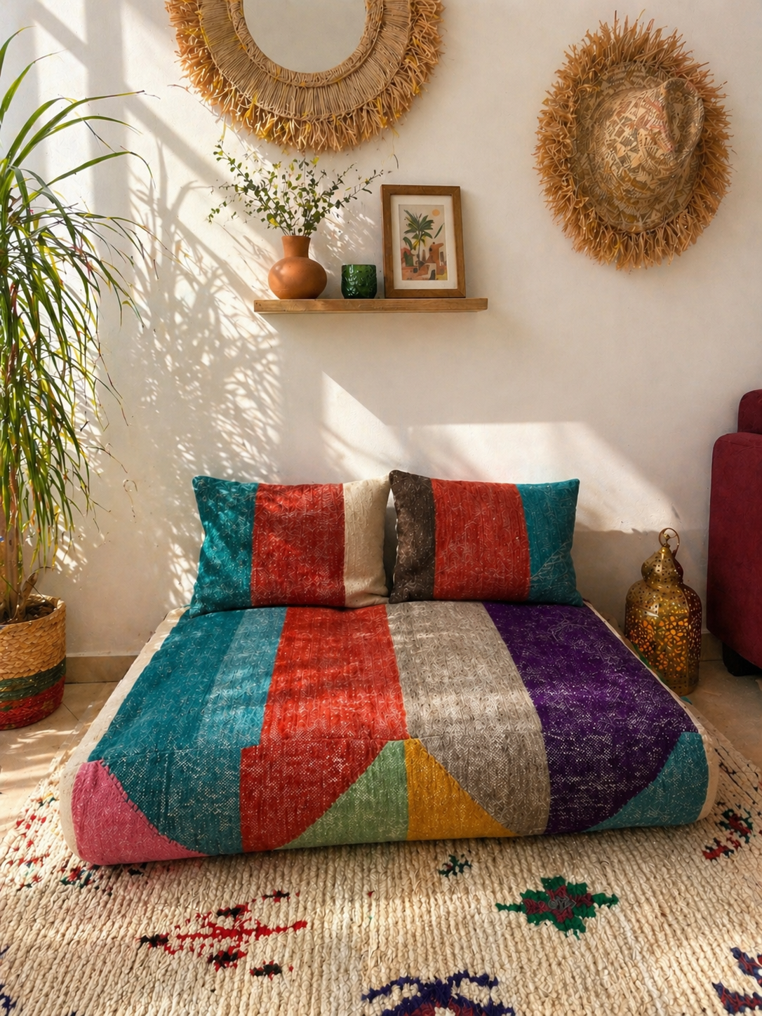 Housse de Pouf berbère bohème colorée + Housses de coussins assorties – Confort & Artisanal
