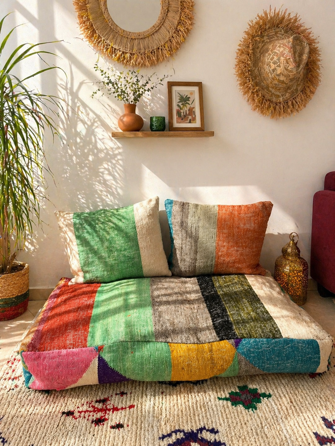 Housse de Pouf berbère bohème colorée + Housses de coussins assorties – Confort & Artisanal