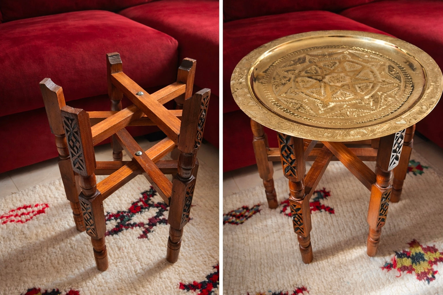 Table d’appoint orientale en laiton et bois de cèdre fabrication artisanale fait main